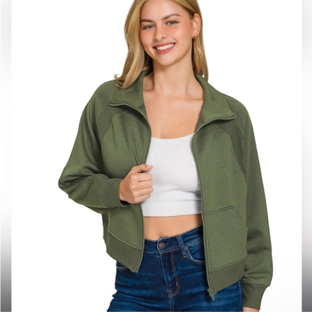 Zenana Soft Scuba Full Zip Jacket Dark Olive Green Size Large NWOT